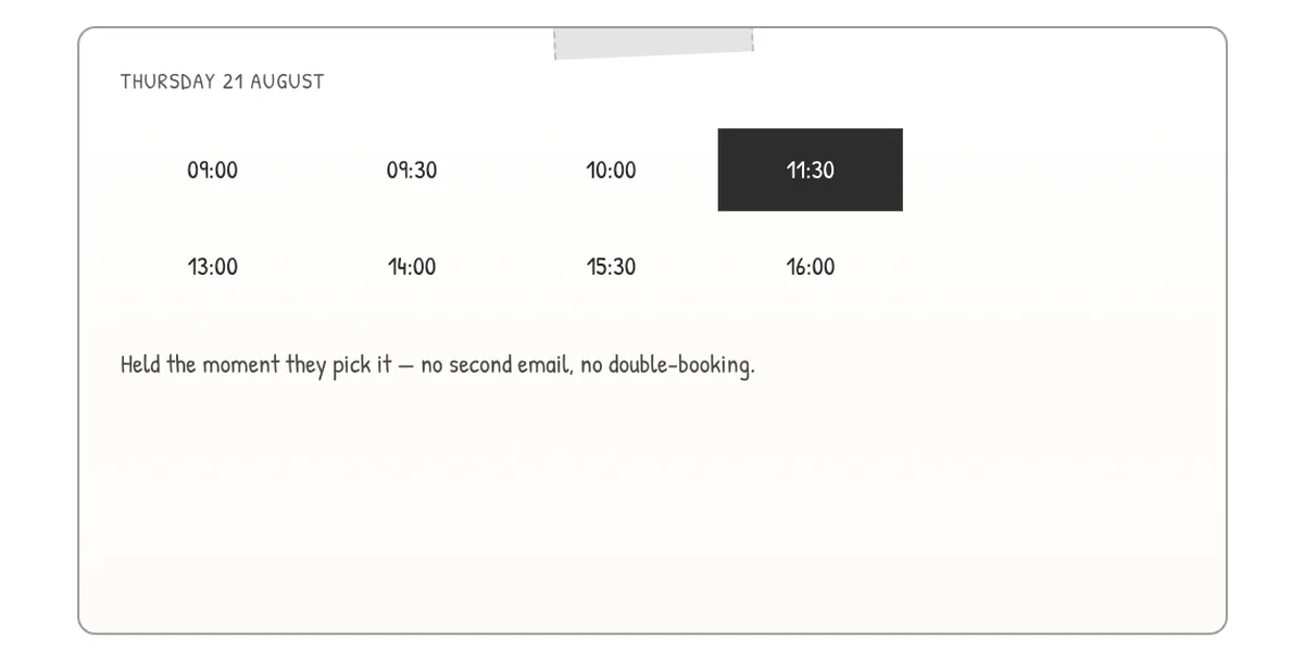 PeaFlow booking question with time slots and one slot selected