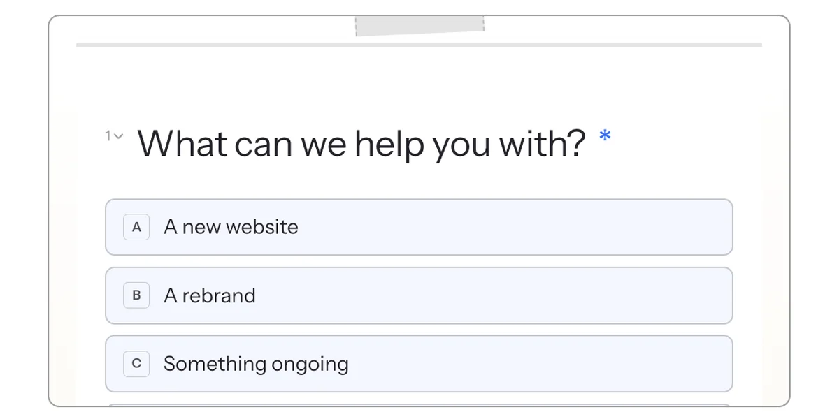 PeaFlow form showing a single question with lettered answer options