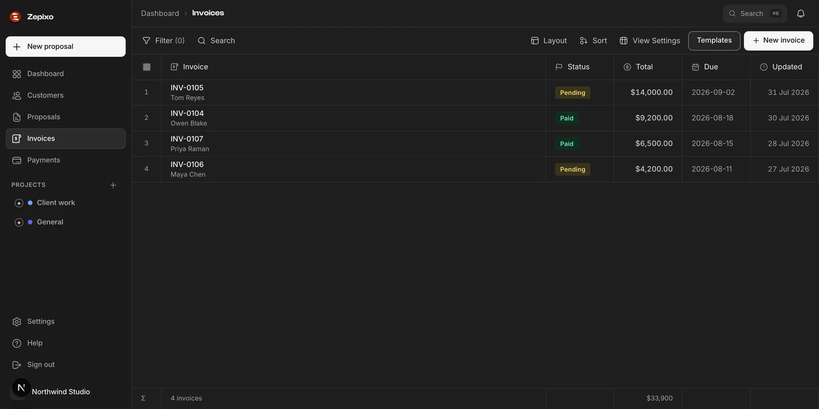 Zepixo invoices list generated from accepted proposals