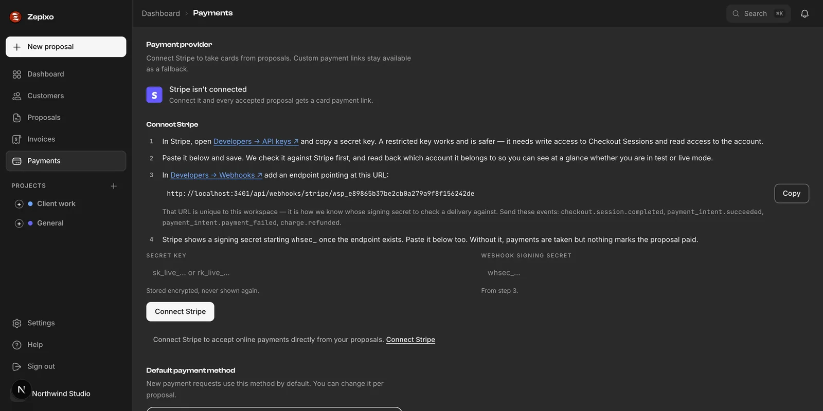 Zepixo payments view of Stripe checkouts paid into the user's own account