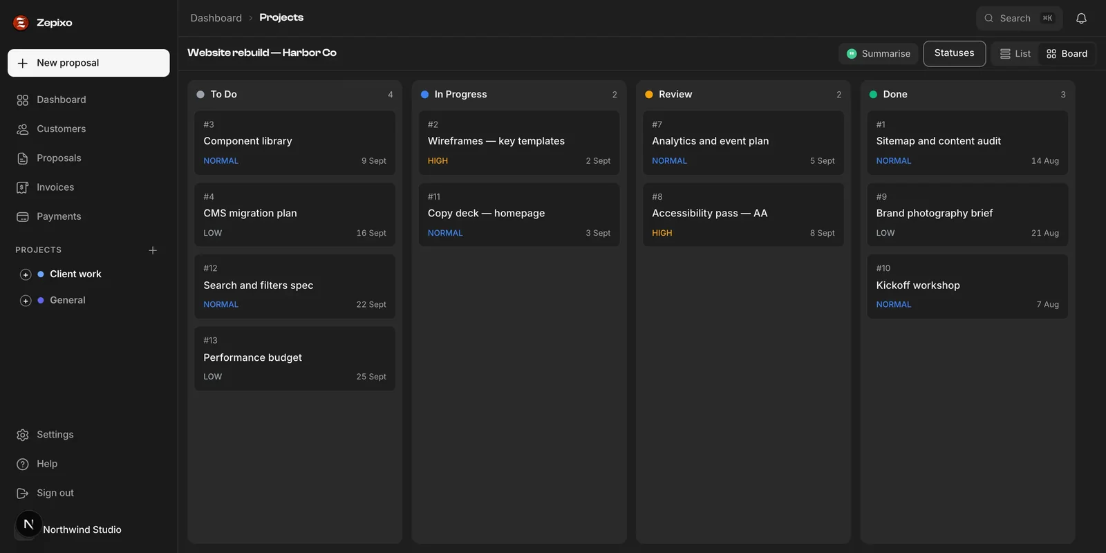 Zepixo project board tracking delivery tasks